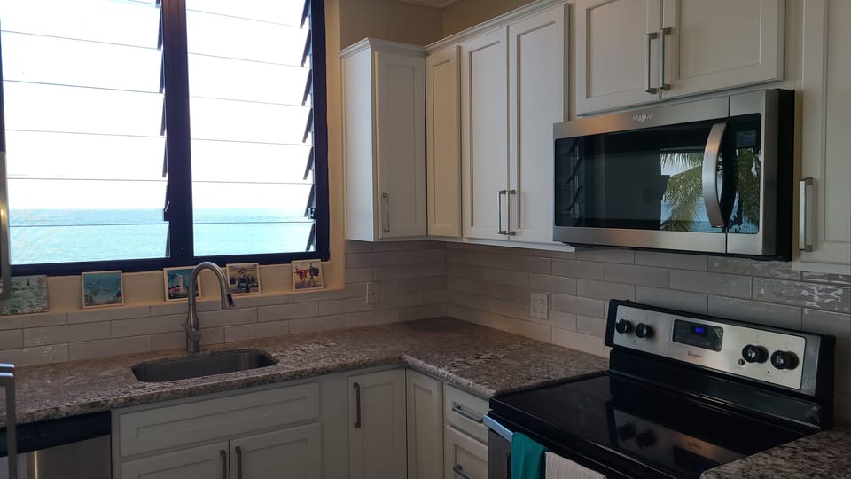 Bright newly remodeled kitchen with sea views.