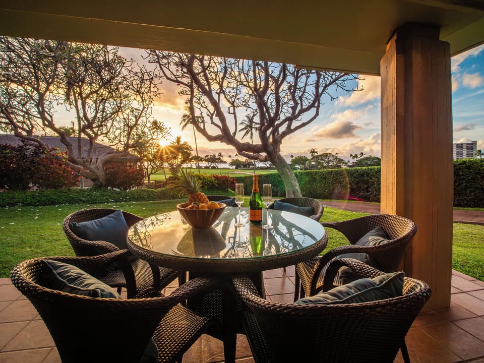 Enjoy golden hour dining with a front-row seat to Maui's famous sunsets from your private covered lanai. Perfect for relaxing after a day at Ka'anapali Beach.