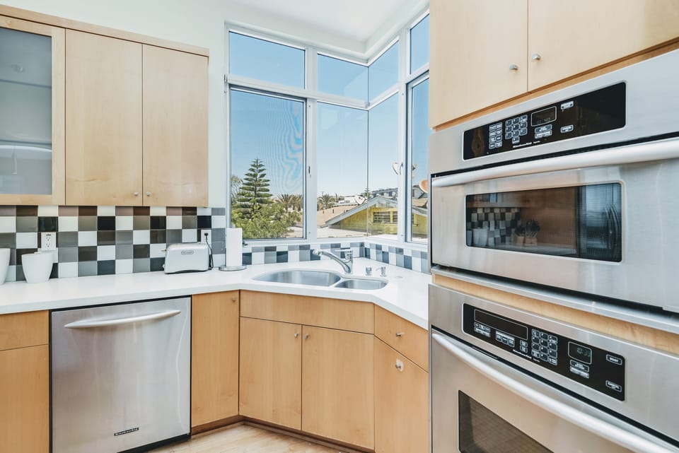 Kitchen with city view.