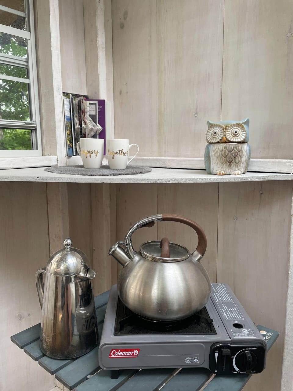 Butane burner stove, teapot & french press + coffee provided