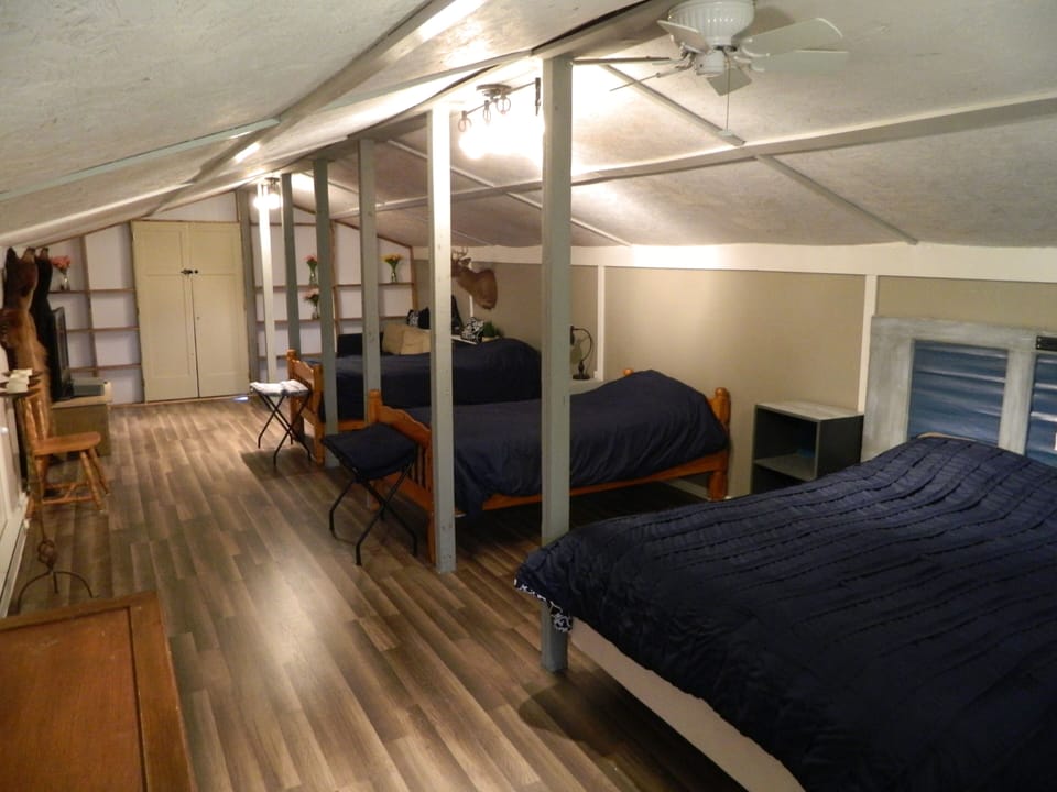 Upstairs loft. 1 Queen and 2 twin beds complete with pull out couch and TV area