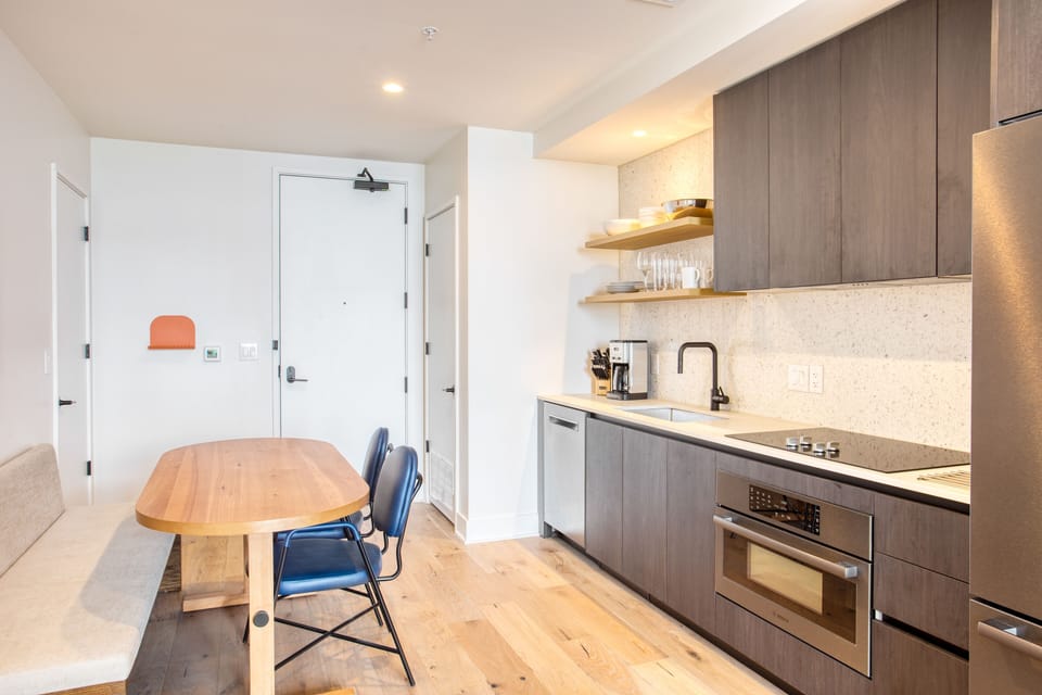 Sleek kitchen with modern appliances.