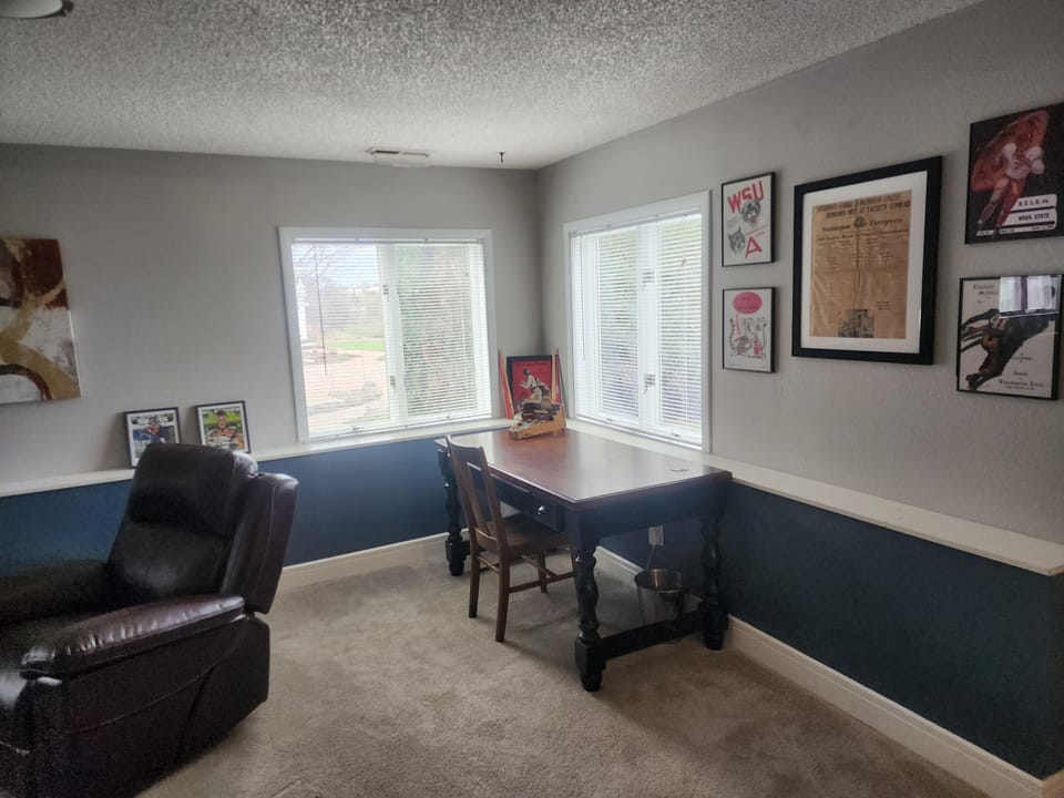 Corner of living space has a desk where work can be done. The Internet is strong