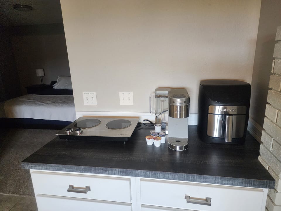 Small appliances include air fryer, hot plate, Kuerig, toaster, etc.