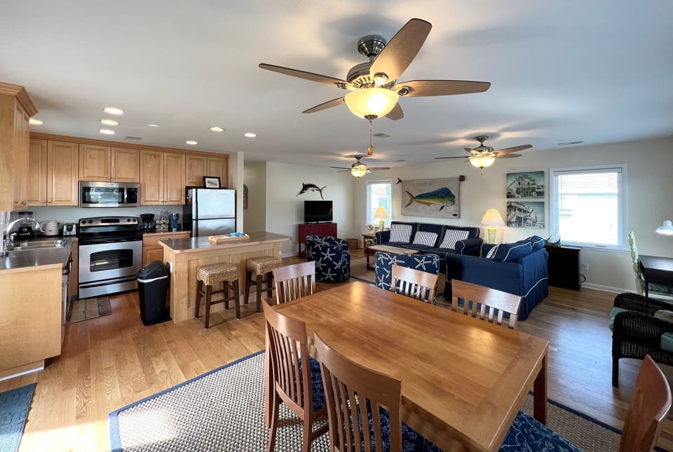Dining room, kitchen, living room