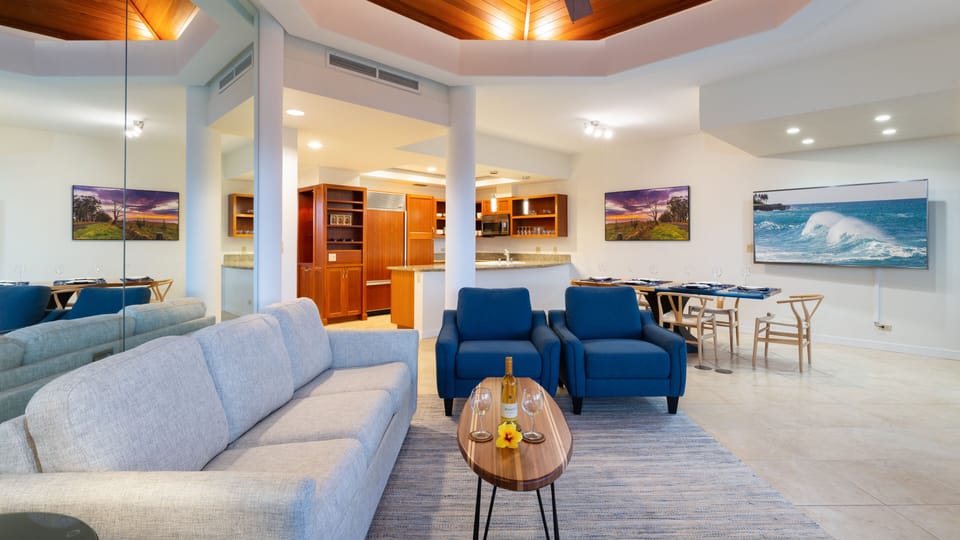 Open-concept living area with comfy queen sleeper sofa