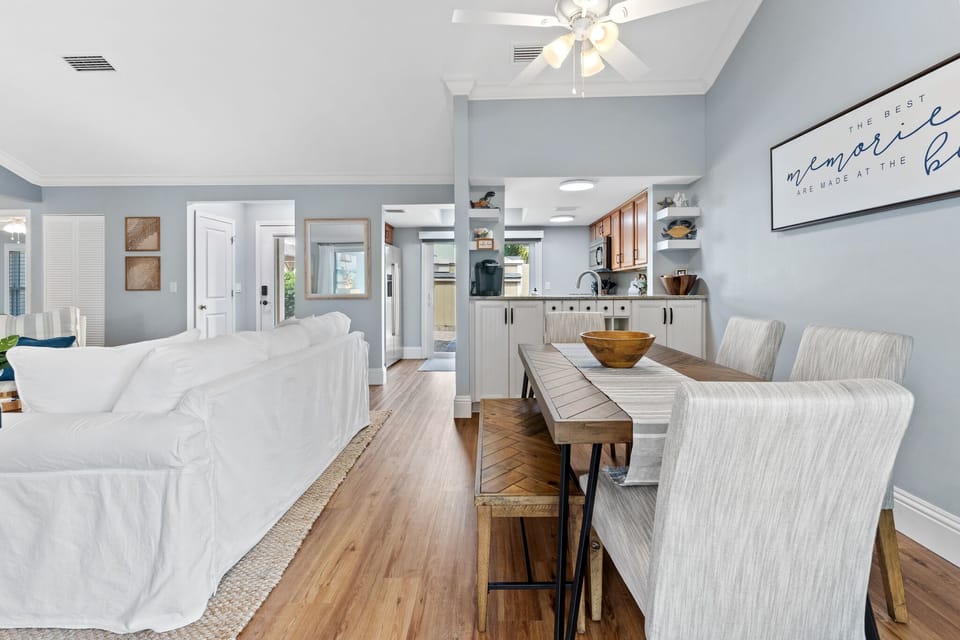 Dining space is part of the very open floor plan
