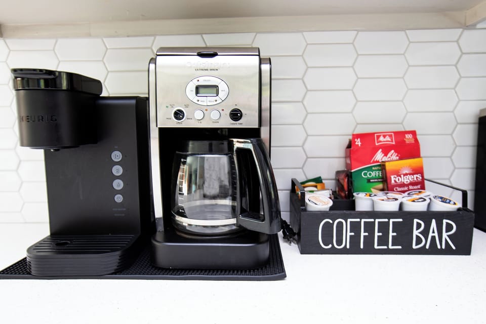 Coffee nook with Keurig, Cuisinart drip machine, and supplies to get you started