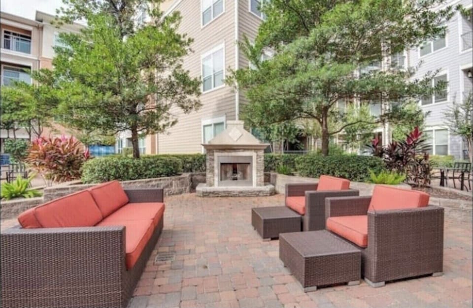 Outdoor fireplace with seating 