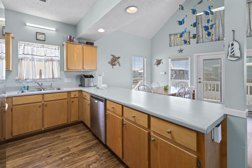 Kitchen opens up to dining area