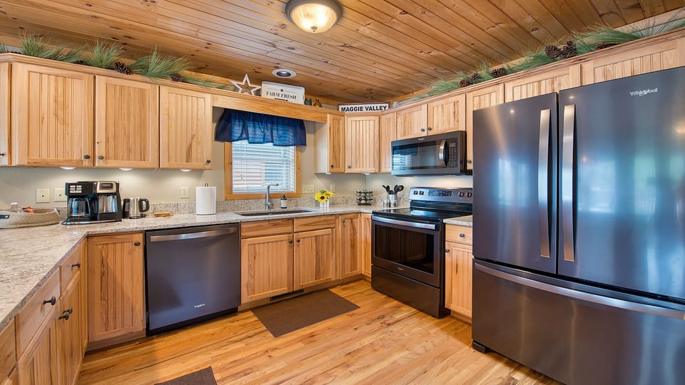 Everything you need to prep and cook is provided within the numerous cupboards.
