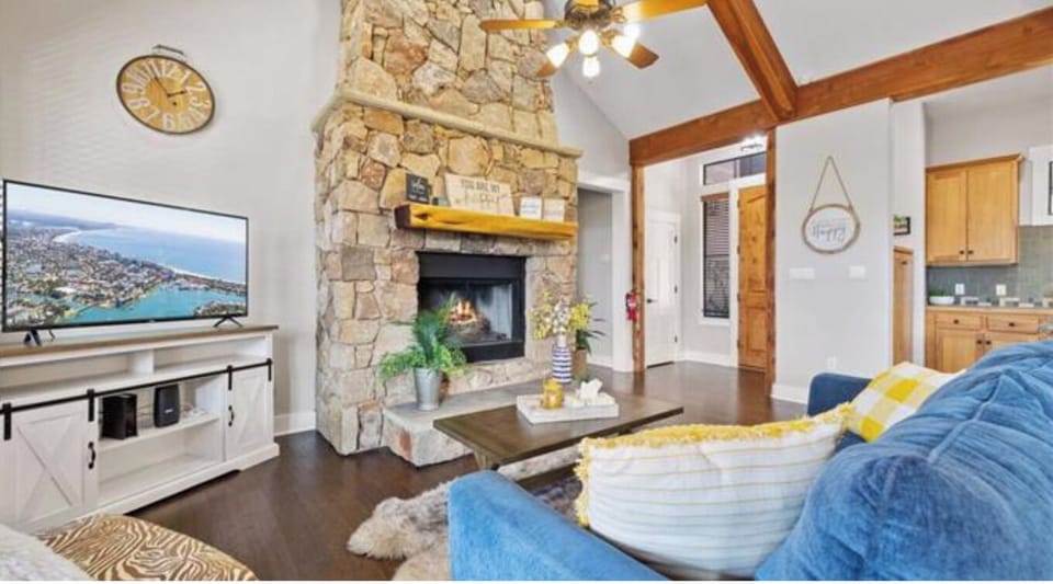 Floor to ceiling stone fireplace 