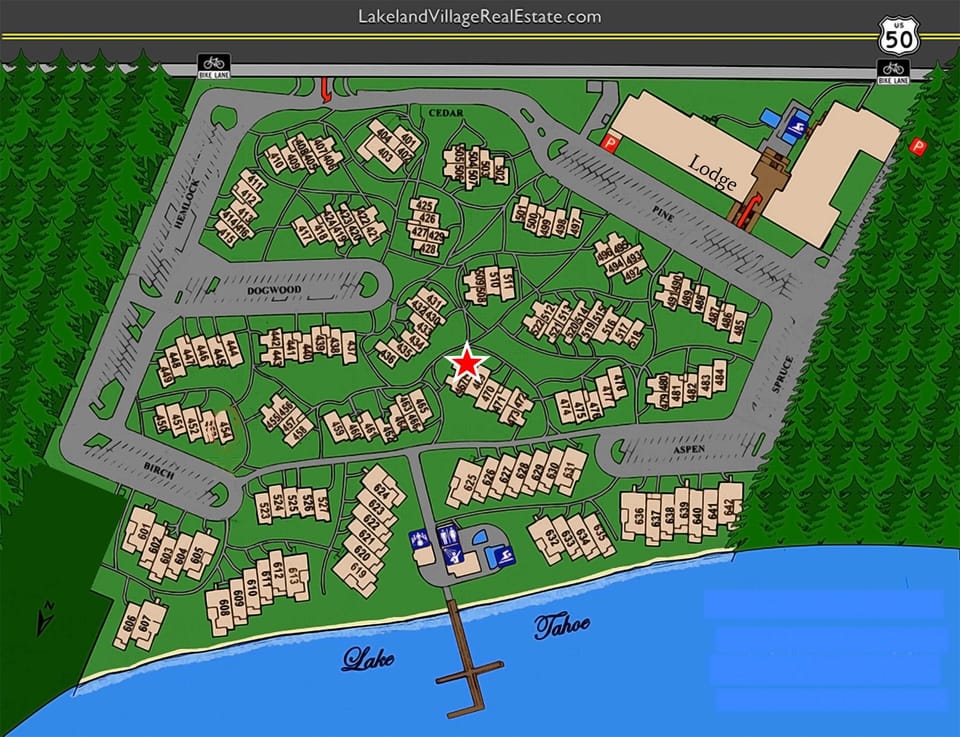 Property map showing lakefront vacation rental community with Lodge and Lake Tahoe access.