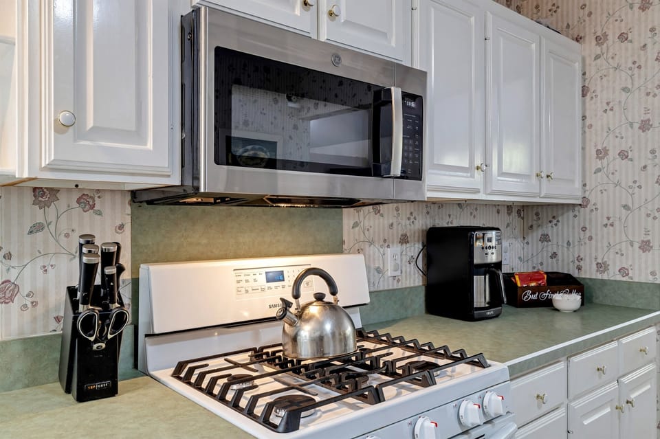 Fully stocked kitchen with lots of space: dishwasher, fridge, blender, microwave, toaster