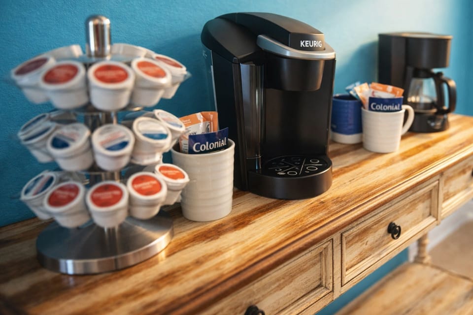 Coffee Corner: Start your day with gourmet brews and vibrant beachy vibes! Enjoy your favorite coffee on us!