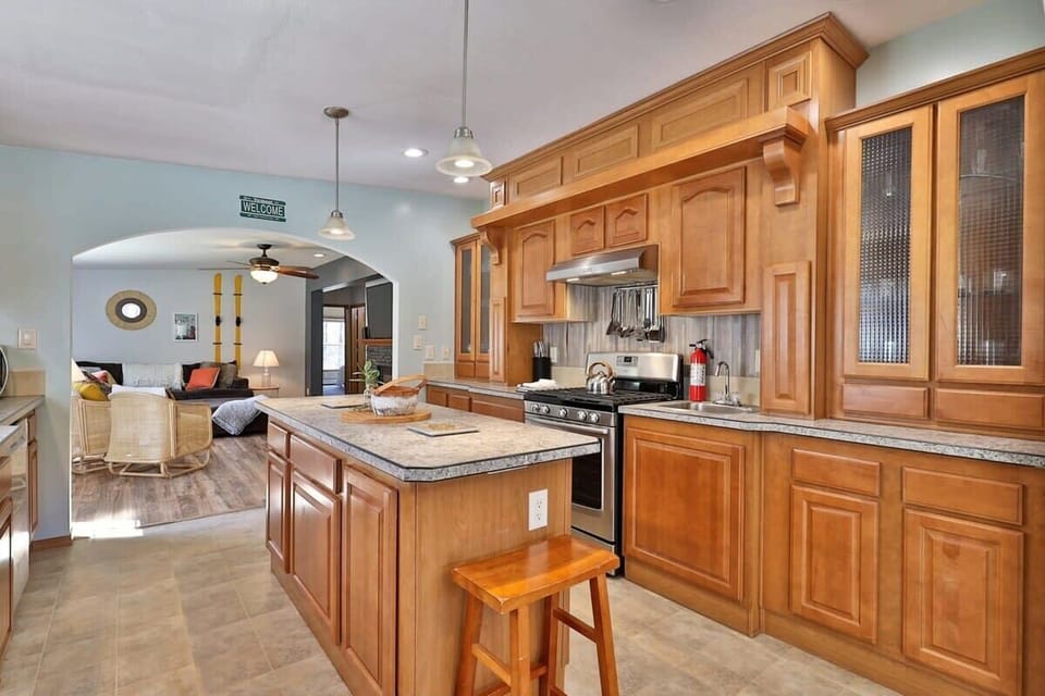Open concept kitchen that runs right into the living room and dining area