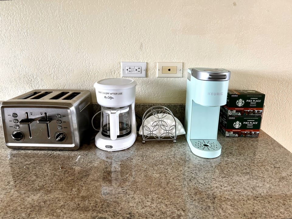 Toaster, Drip Coffee Pot and Keurig Coffee Maker