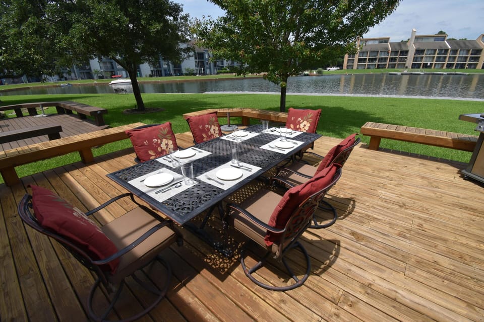 Outside patio with a retractable awning. 
