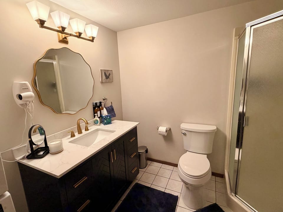 Chair height toilet installed 2026.  Shower is to right. Vanity set 2025.