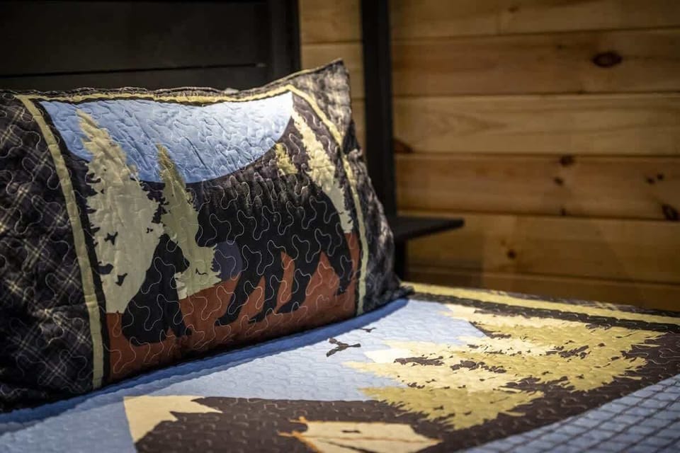 Bedroom 1 - Cozy cabin bedroom featuring a black king-size bed