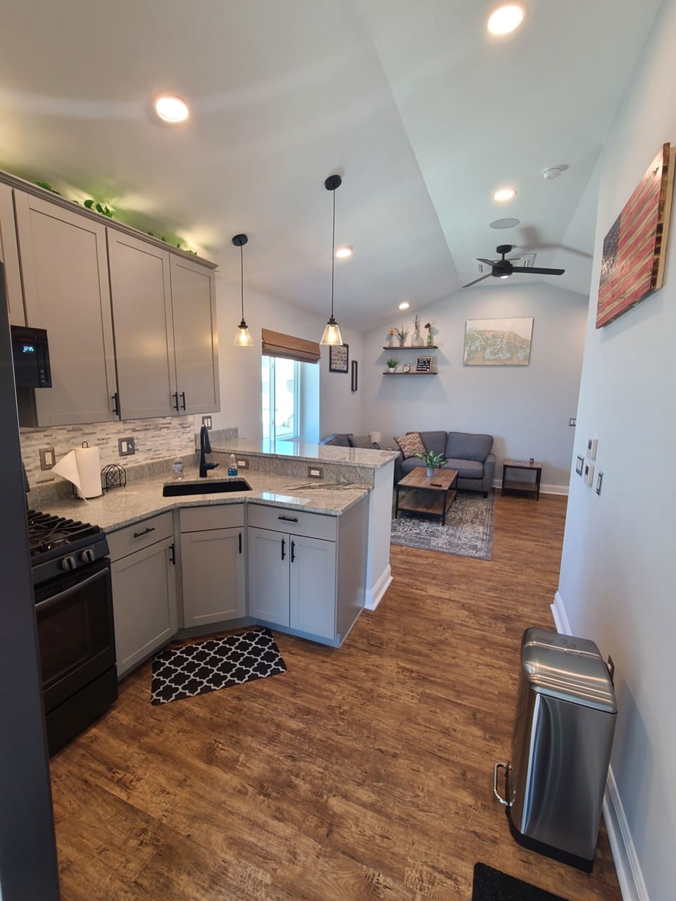 second floor kitchen looking into living room