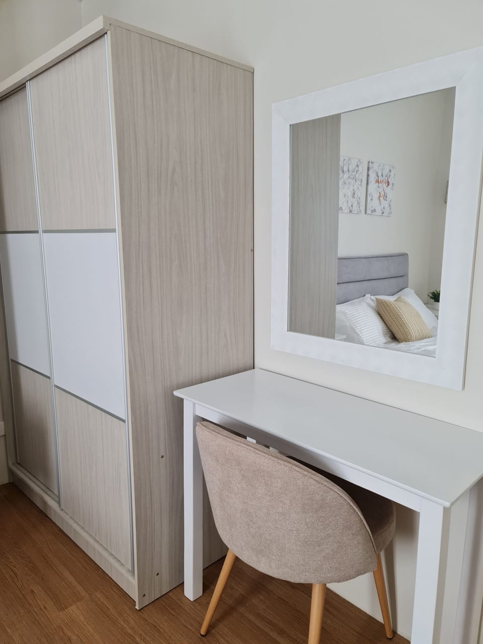 With sliding wardrobe, bedside drawers, dressing table with mirror and chair