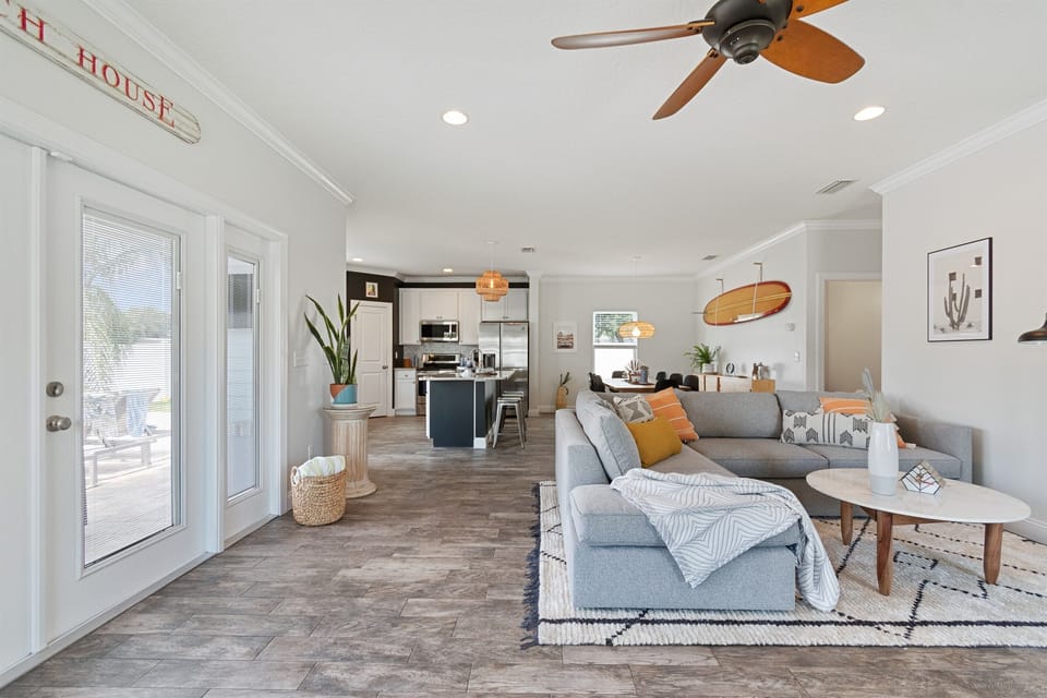 Open living, dining, and kitchen