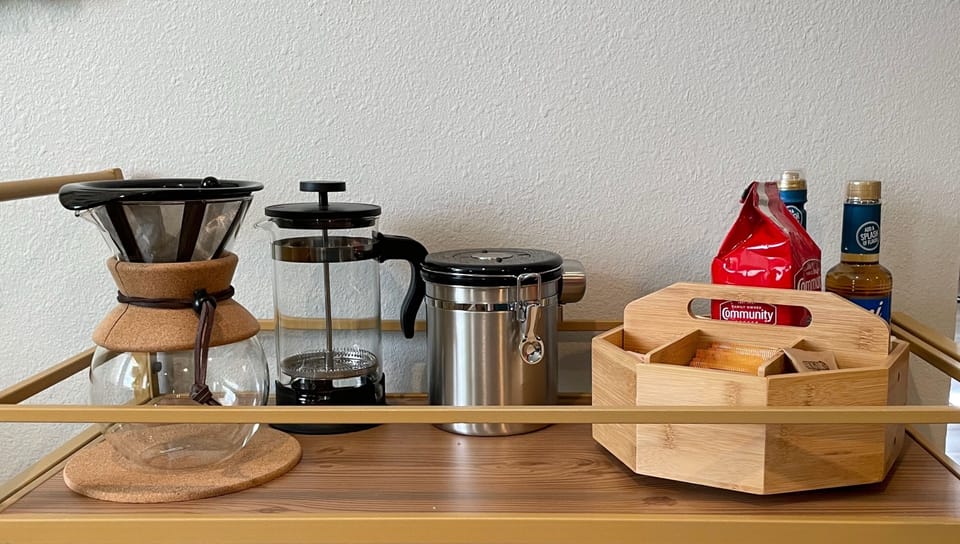 Coffee drip maker, french press and coffee and tea fixings