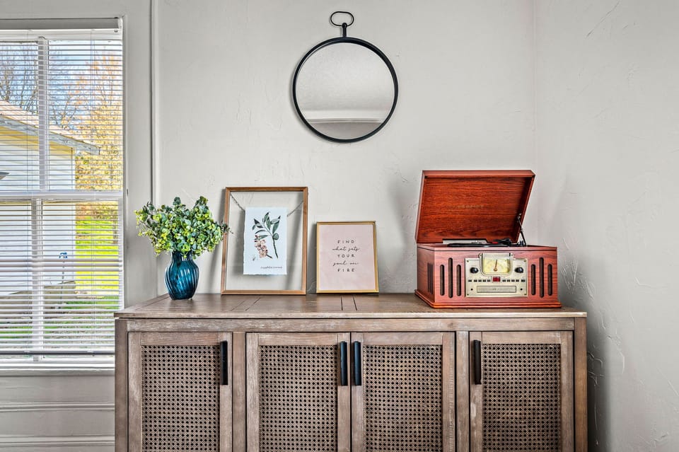 Old fashion recorder plays LP and has bluetooth capabilities. 