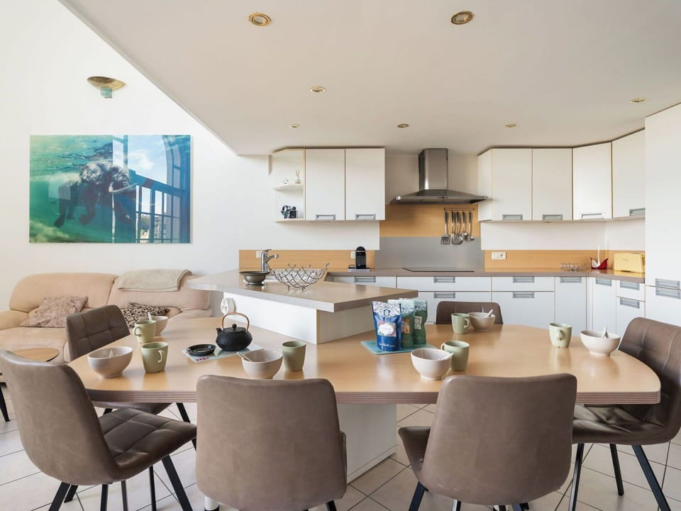 Furniture, Interior Design, Flooring, Kitchen, Floor, Wood, Ceiling, Chair, Table, Countertop