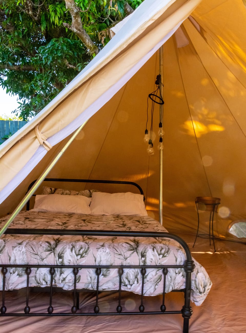 The 5m Bell Tent has Queen Size Bed & 2nd Q mattress for floor available on req