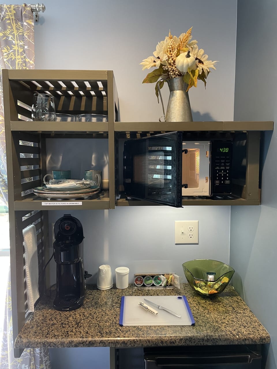 Complementary assortment of coffee, bottled water, snack and Lacroix available. 