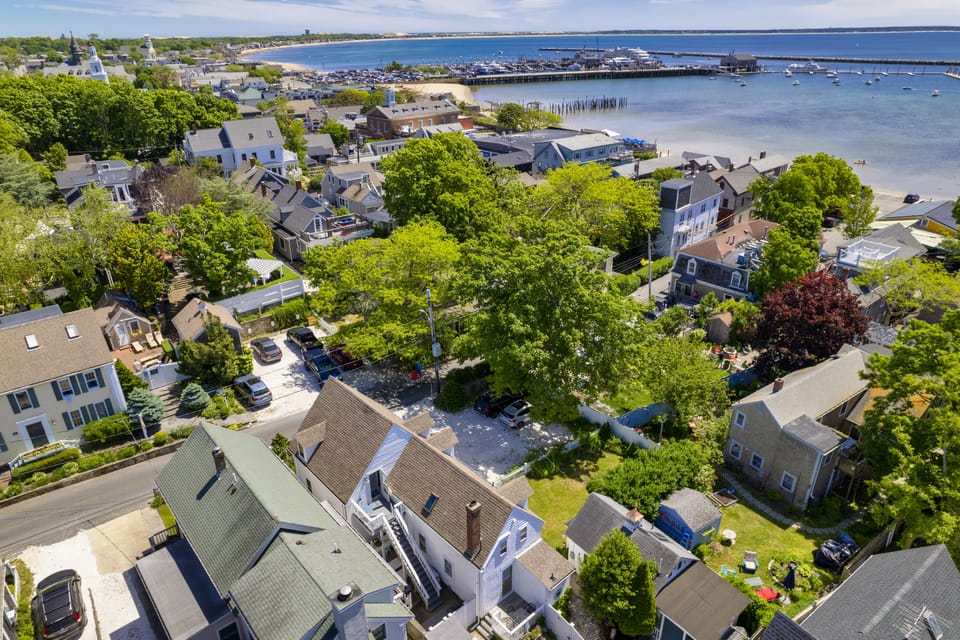 Aerial shot showing condo location steps away from Commercial Street and harbor