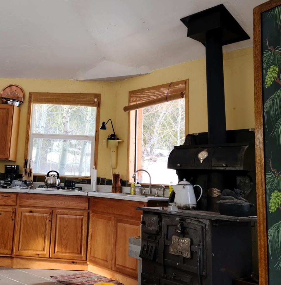 Kitchen is well stocked- propane stove &  AWSOME 1880's wood burning stove. 