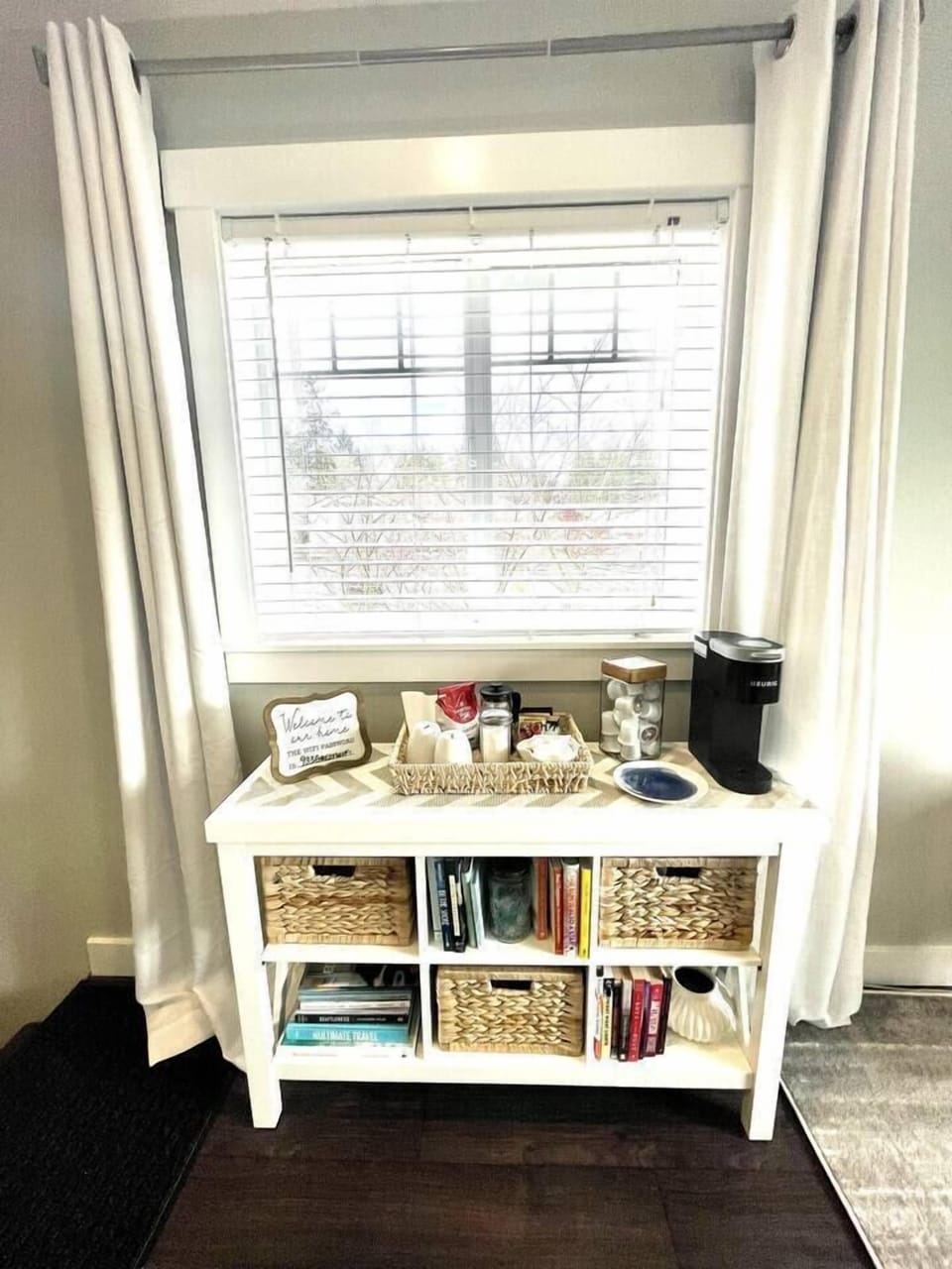 Keurig coffee maker, coffee press, and tea are provided! Books, puzzles, playing cards, and 10# weights are here as well.
