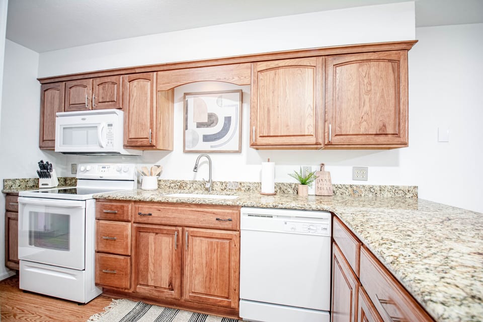 FULLY EQUIPPED KITCHEN W/ SOME SPICES
DISHES, POTS & PANS, WAFFLE & PANCAKE MACH