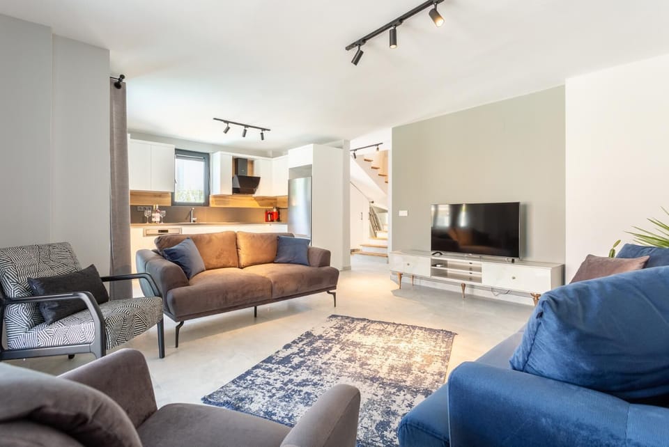 Open-plan living room with sofas, kitchen, WiFi internet, A/C, satellite TV, and terrace access