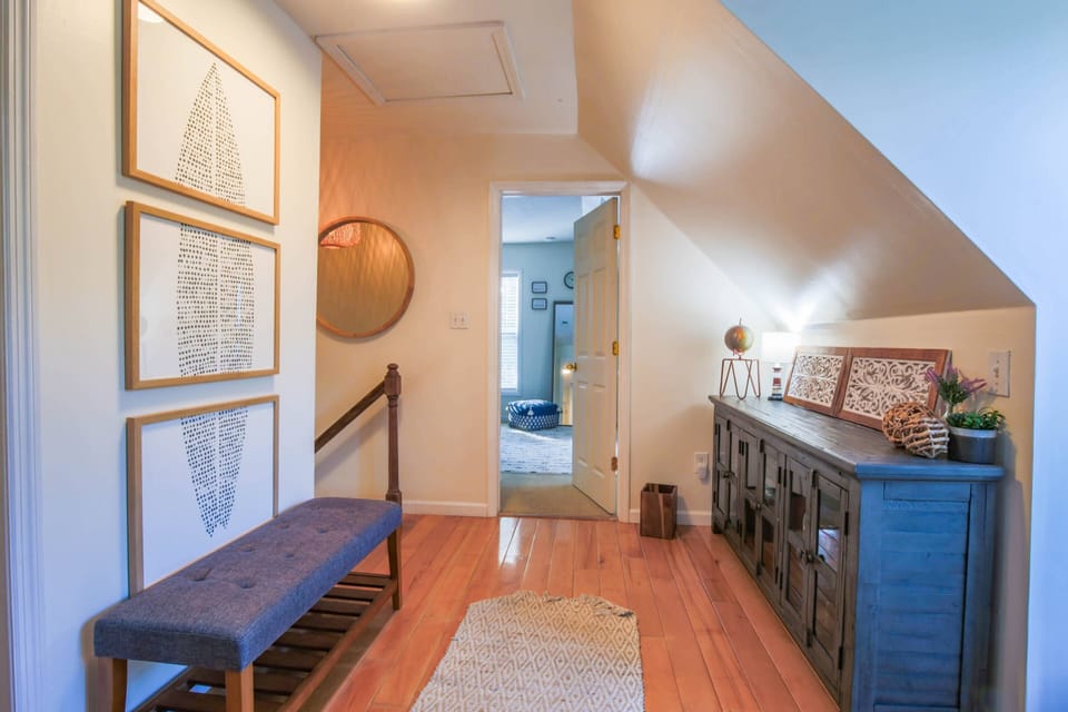 You'll find two bedrooms, a bathroom and this landing on the second floor.