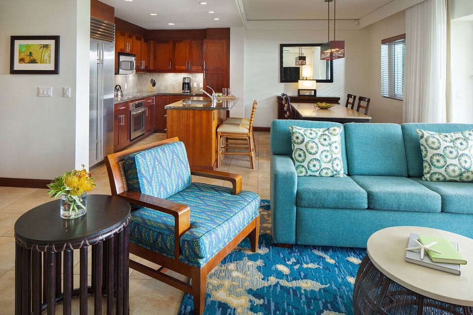 Living room features a sleeper sofa for an extra two guests.