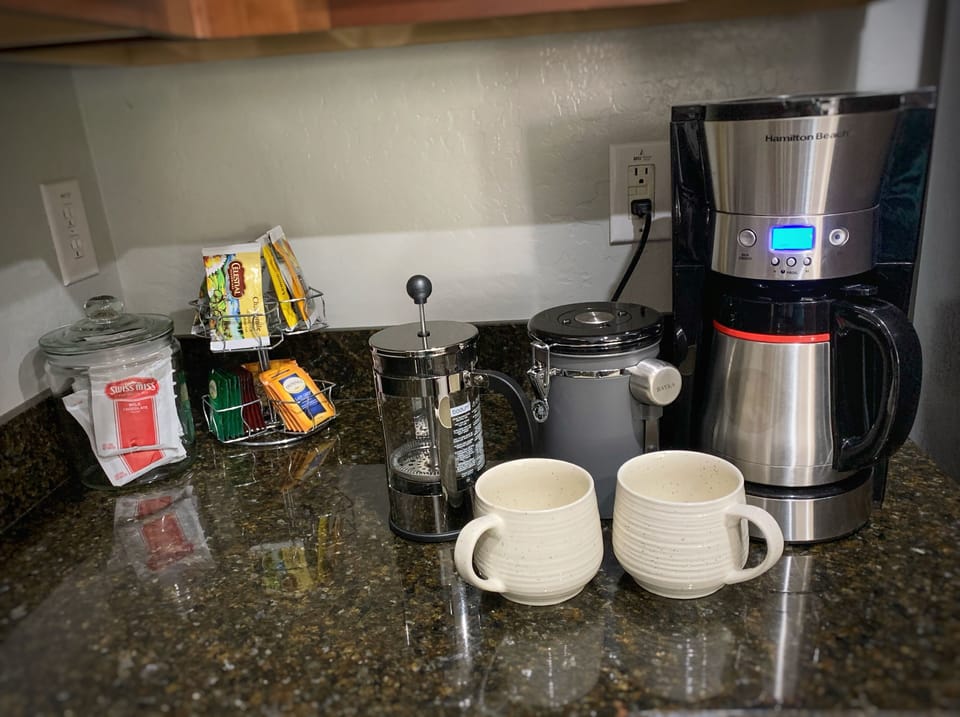 Coffee, anyone? We also provide teas, and hot cocoa during the winter