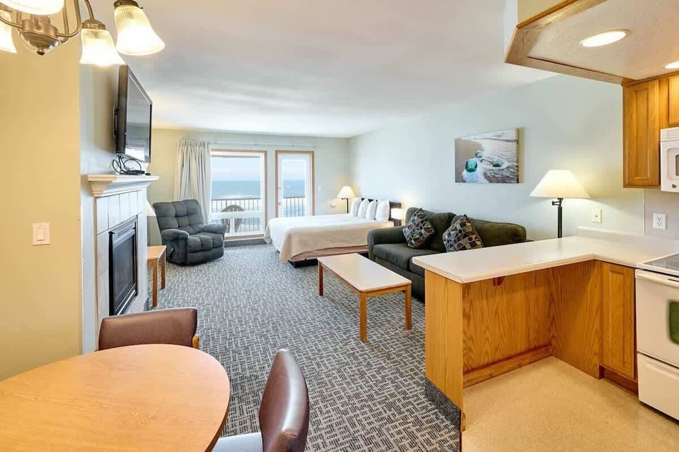 The spacious condo has a full kitchen