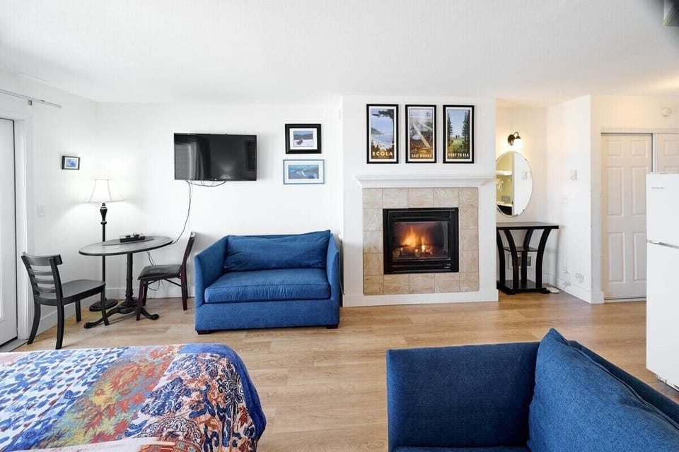 Stay cozy in this fireplace studio