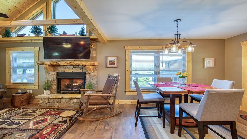 The gas fireplace has a remote control and is cozy on cool days/nights