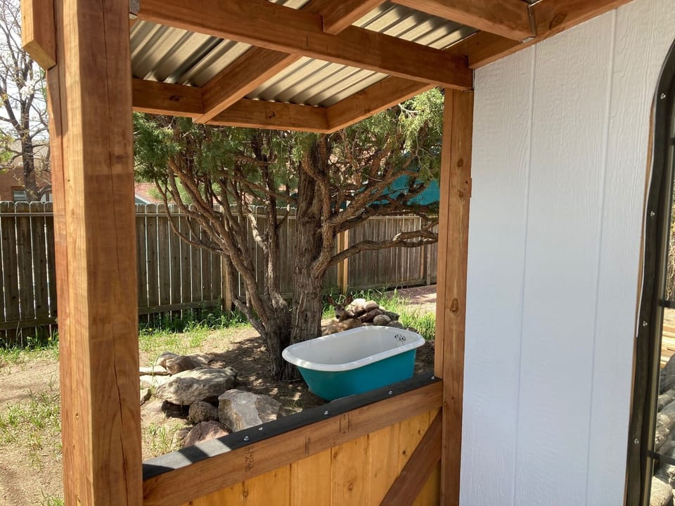 A peak through the gazebo. There is a deer behind the bathtub