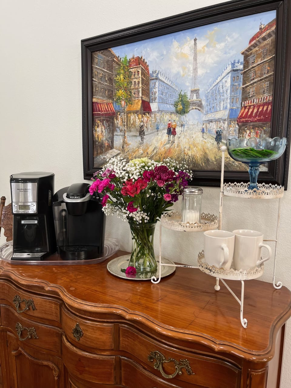 Coffee/ Tea Bar with all the fixings!! Antique Buffet holds everything you need 