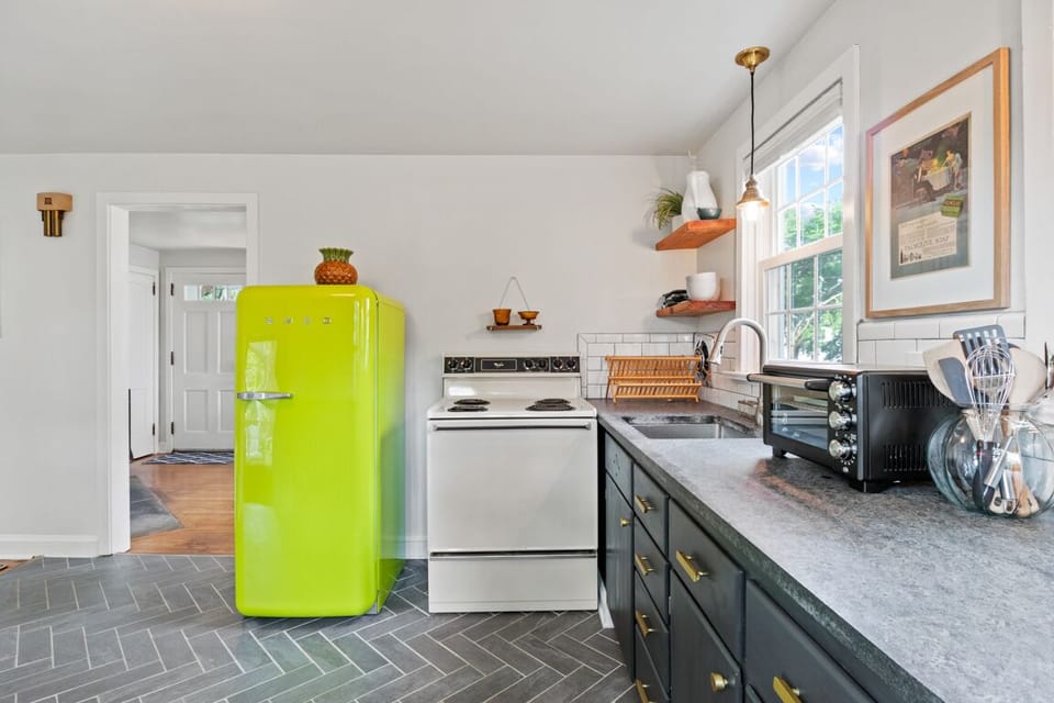 The kitchen is designed to convey a vintage vibe.