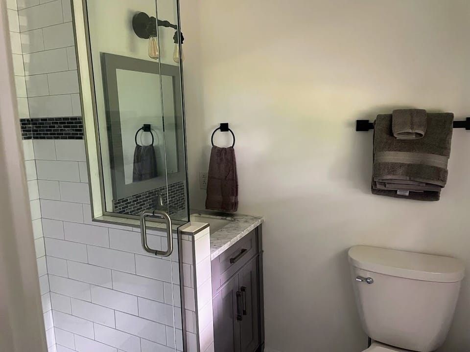 Recently  remolded master bath with walking shower 