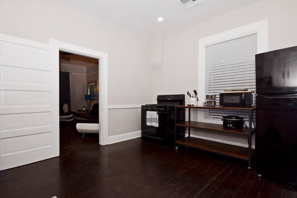 Microwave, toaster, cooking utensils