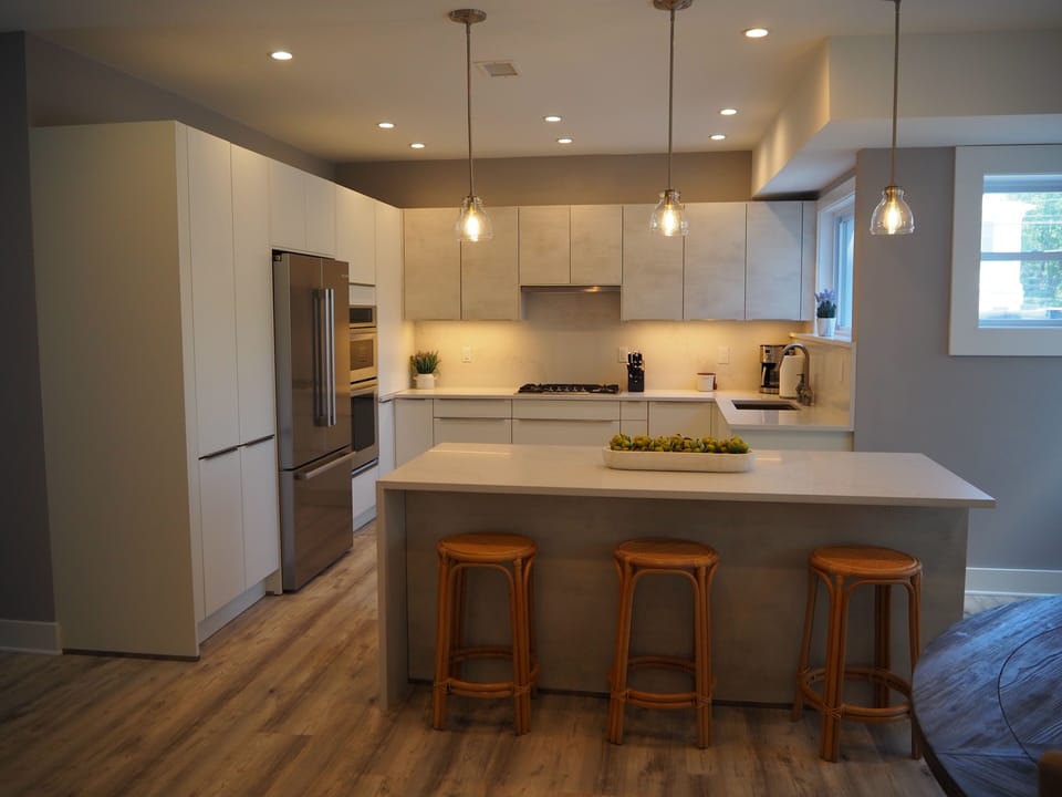 Kitchen with large center island and brand new, top end appliances
