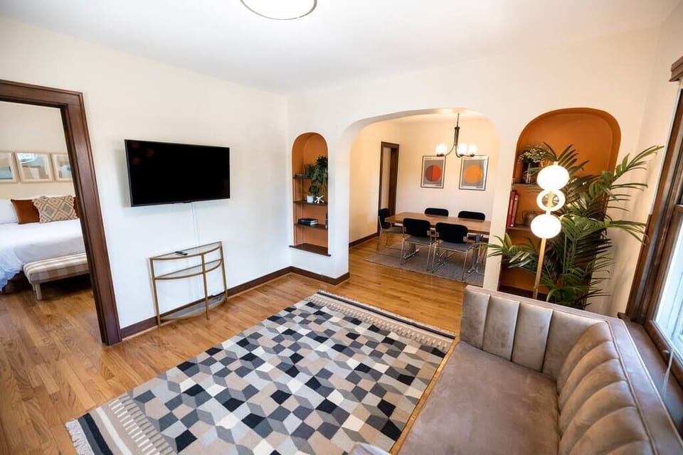 Entry Living Area, Master Bedroom (left) Dining Area off kitchen area (right)